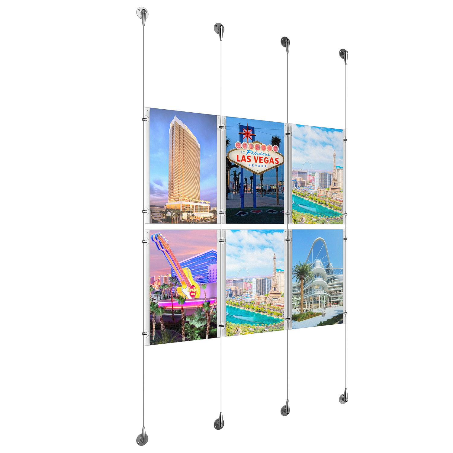 (6) 11'' Width x 17'' Height Clear Acrylic Frame & (4) Aluminum Chrome Polished Adjustable Angle Signature Cable Systems with (8) Single-Sided Panel Grippers (8) Double-Sided Panel Grippers