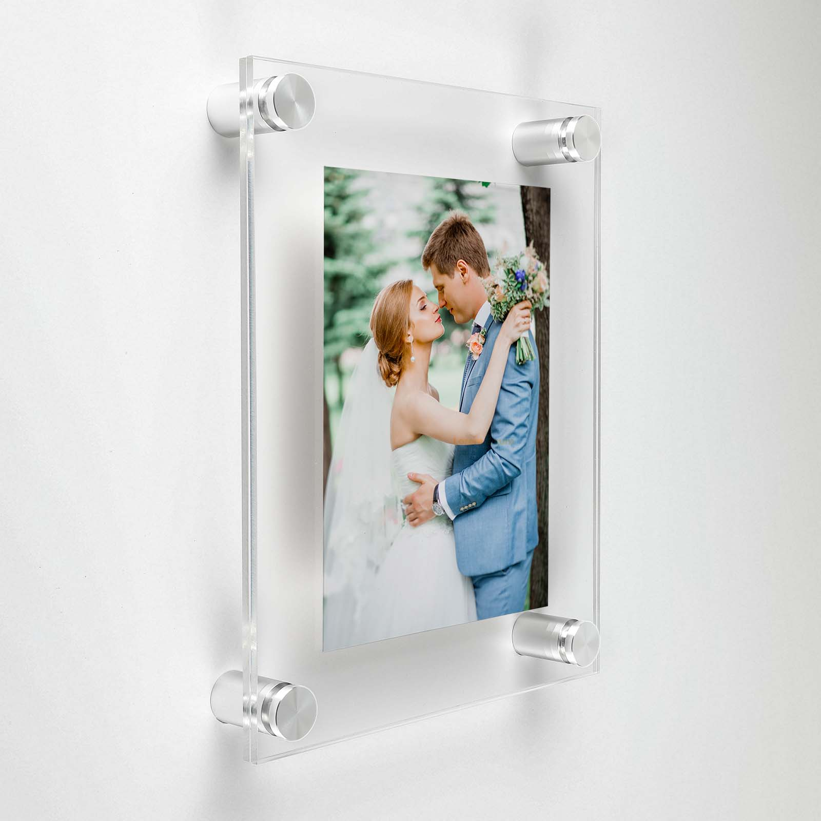 (2) 7-1/2'' x 9-1/2'' Clear Acrylics , Pre-Drilled With Polished Edges (Thick 1/8'' each), Wall Frame with (4) 5/8'' x 3/4'' Silver Anodized Aluminum Standoffs includes Screws and Anchors